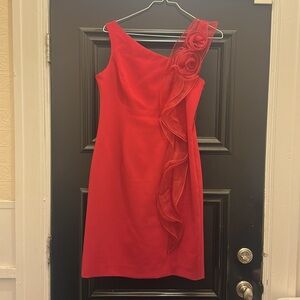 Ricky Freeman for Teri Jon Red Wedding Guest Dress w/ Organza Ruffle | Size 10